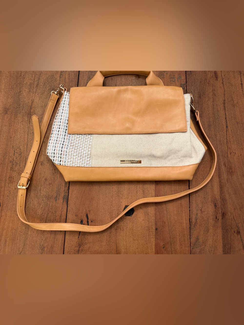 & Other Stories Tan Leather-Trim Shoulder Bag with Cream Canvas